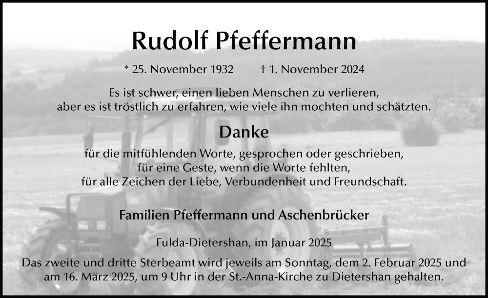  Traueranzeige für Rudolf Pfeffermann vom 25.01.2025 aus FZ