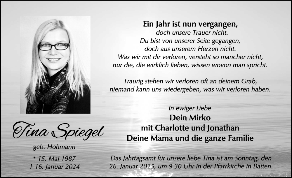  Traueranzeige für Tina Spiegel vom 24.01.2025 aus FZ