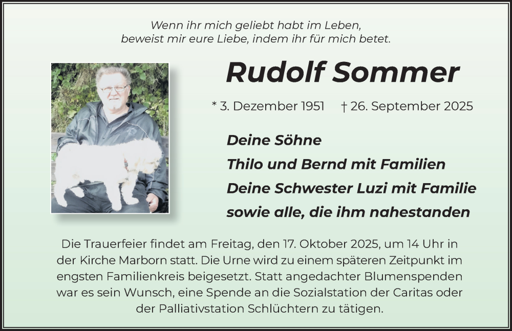  Traueranzeige für Rudolf Sommer vom 04.10.2025 aus FZ