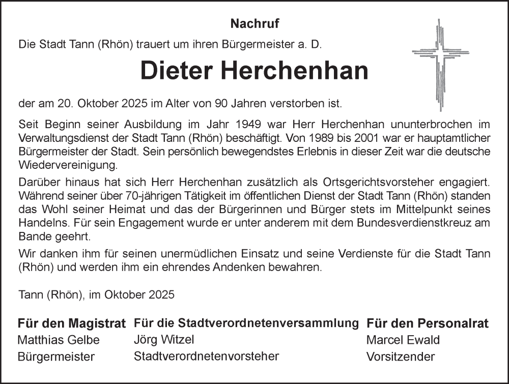  Traueranzeige für Dieter Herchenhan vom 23.10.2025 aus 