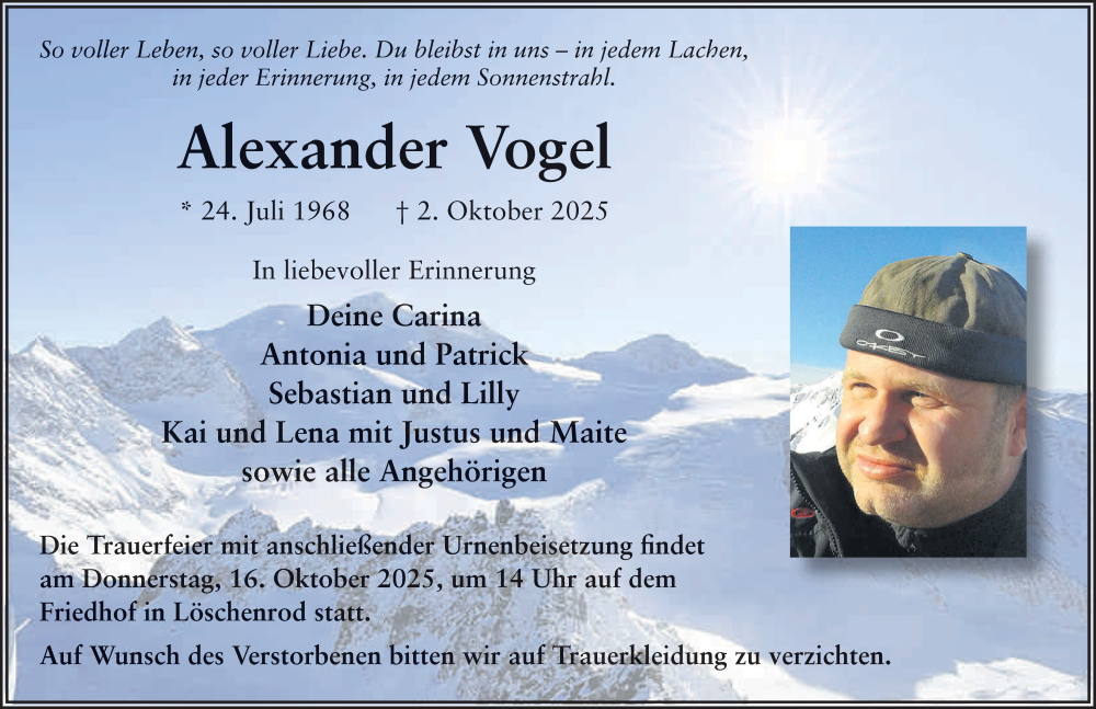  Traueranzeige für Alexander Vogel vom 11.10.2025 aus FZ