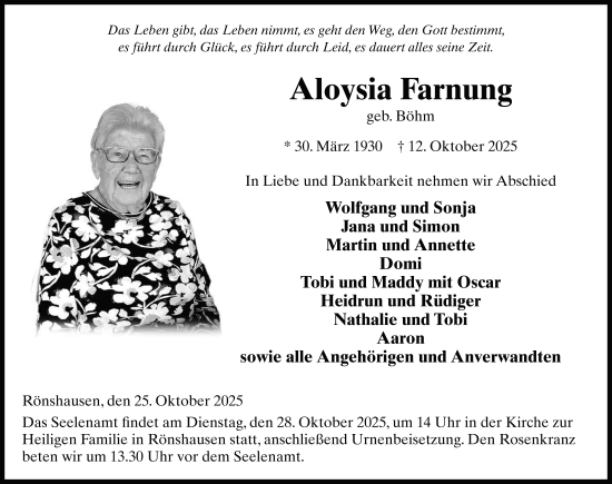 Traueranzeige von Aloysia Farnung von FZ