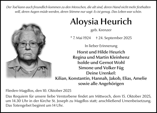 Traueranzeige von Aloysia Heurich von FZ
