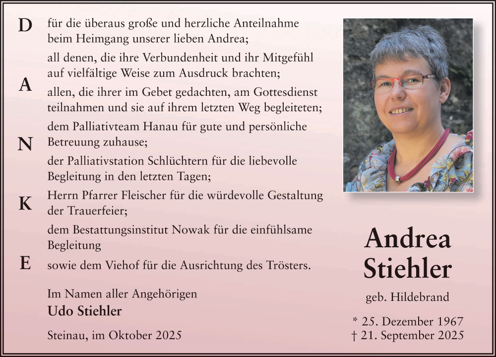  Traueranzeige für Andrea Stiehler vom 25.10.2025 aus FZ