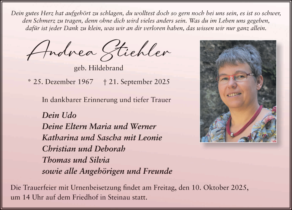  Traueranzeige für Andrea Stiehler vom 04.10.2025 aus FZ