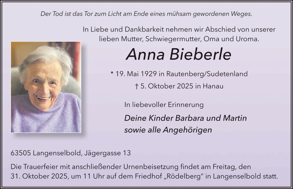  Traueranzeige für Anna Bieberle vom 25.10.2025 aus FZ