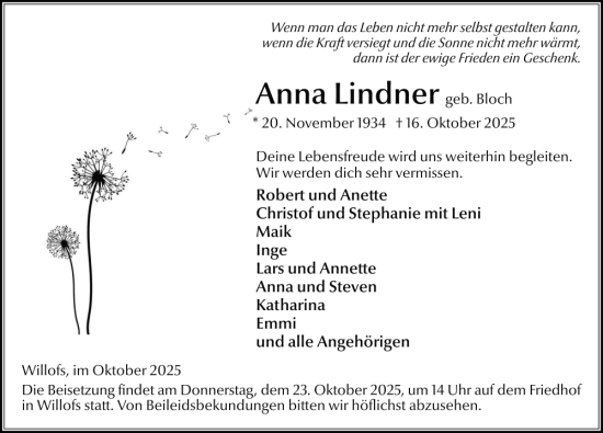Traueranzeige von Anna Lindner von FZ