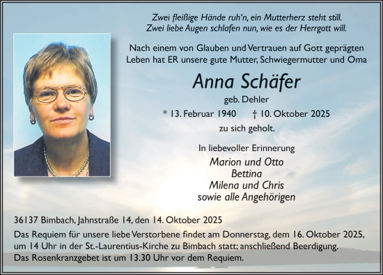 Traueranzeige von Anna Schäfer von FZ