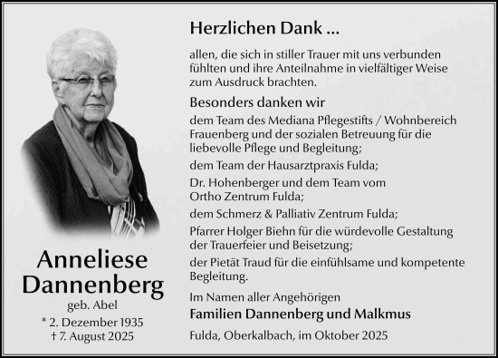 Traueranzeige von Anneliese Dannenberg von FZ