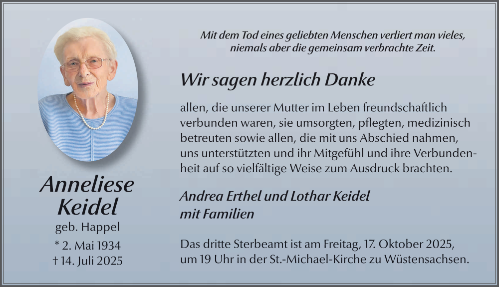  Traueranzeige für Anneliese Keidel vom 13.10.2025 aus FZ