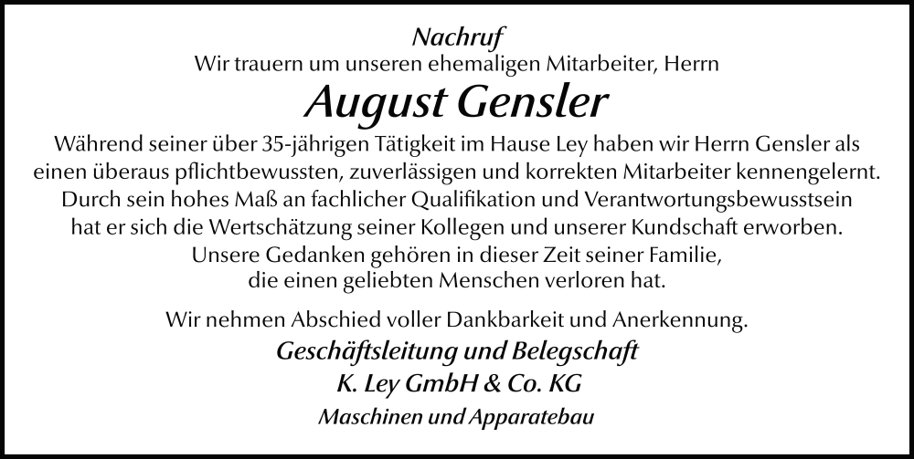  Traueranzeige für August Gensler vom 01.10.2025 aus FZ