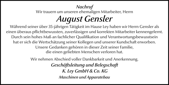 Traueranzeige von August Gensler von FZ