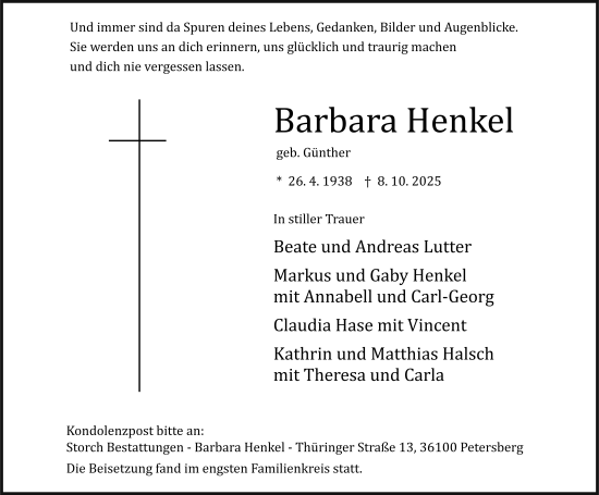 Traueranzeige von Barbara Henkel von FZ