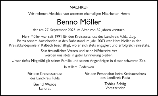 Traueranzeige von Benno Möller von FZ