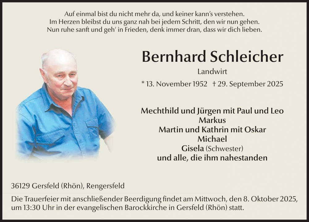  Traueranzeige für Bernhard Schleicher vom 04.10.2025 aus FZ