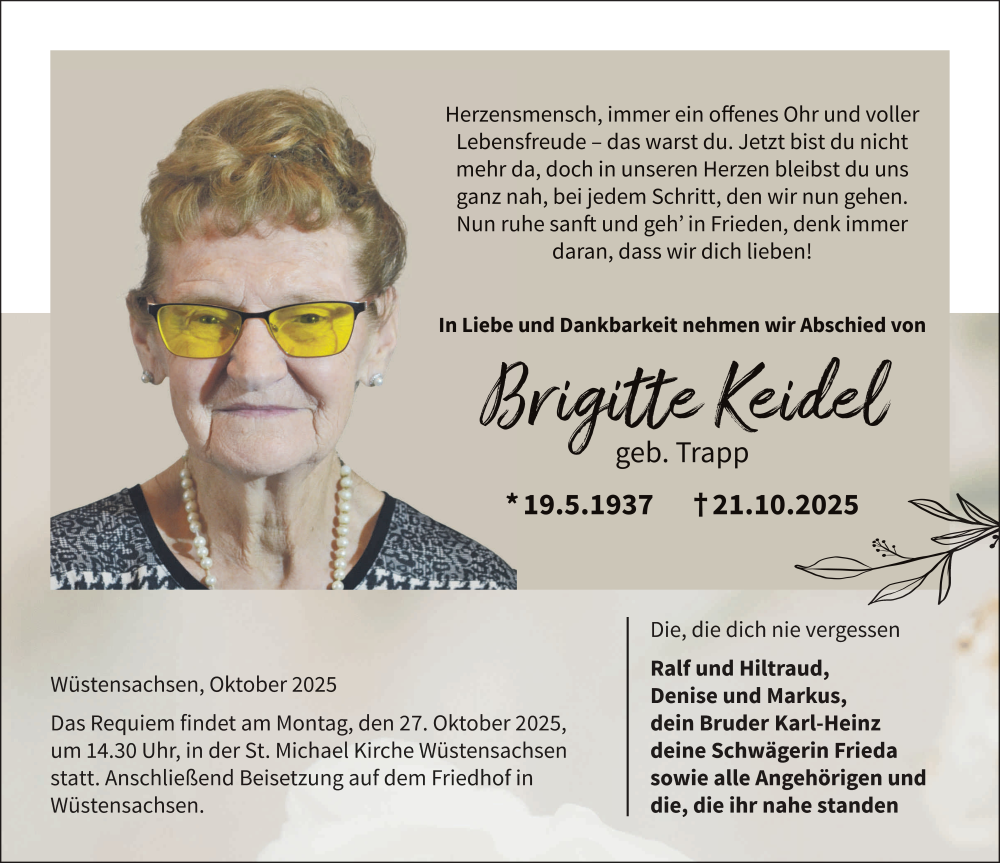  Traueranzeige für Brigitte Keidel vom 25.10.2025 aus FZ