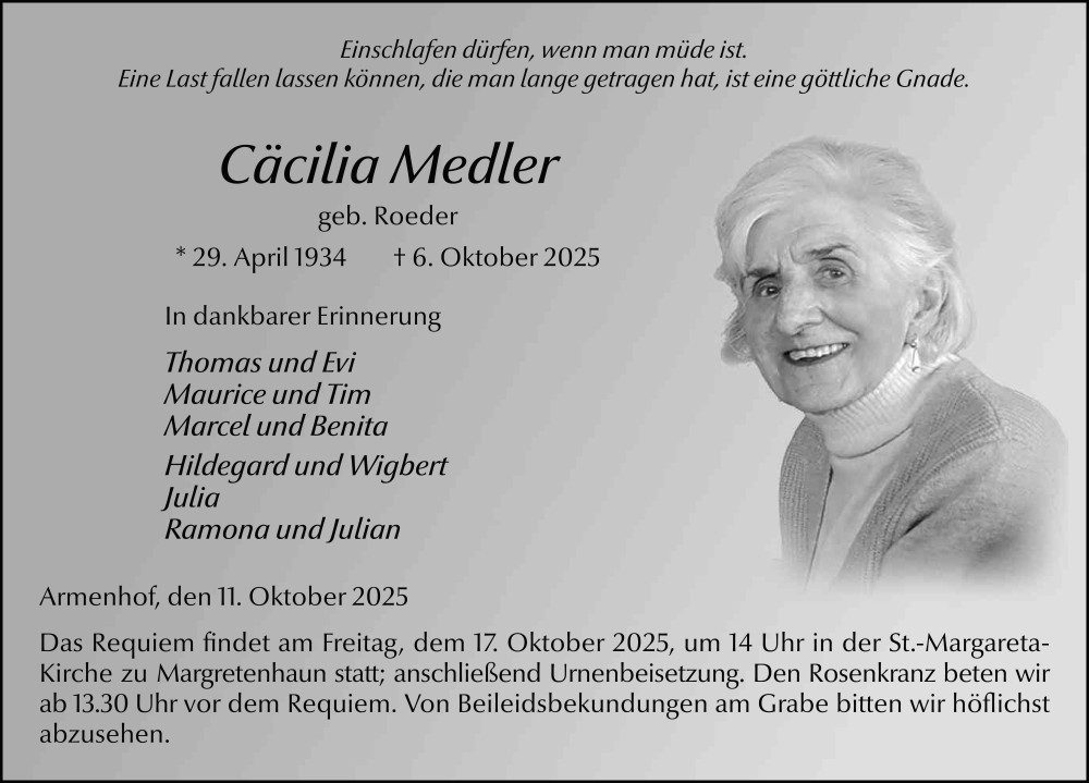  Traueranzeige für Cäcilia Medler vom 11.10.2025 aus FZ
