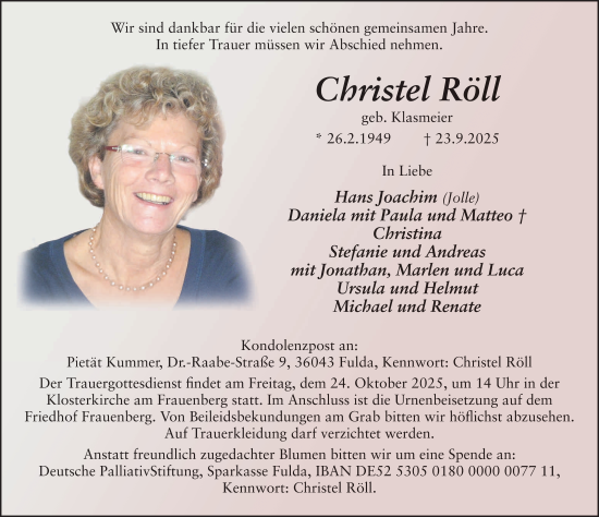 Traueranzeige von Christel Röll von FZ