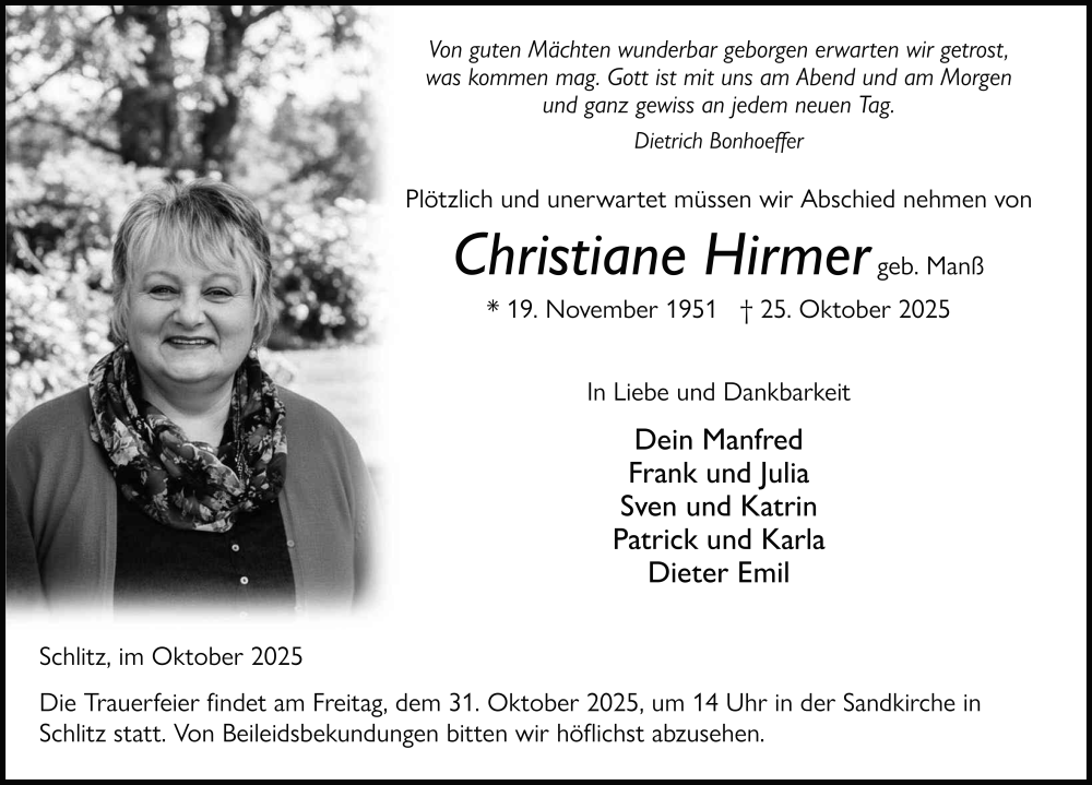  Traueranzeige für Christiane Hirmer vom 29.10.2025 aus FZ