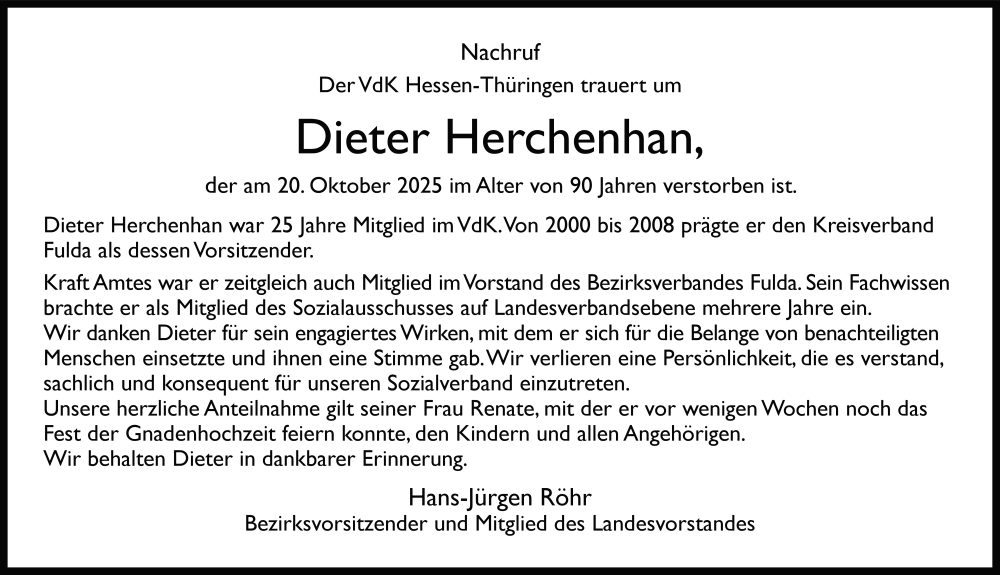  Traueranzeige für Dieter Herchenhan vom 23.10.2025 aus FZ