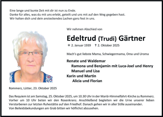 Traueranzeige von Edeltrud Gärtner von FZ
