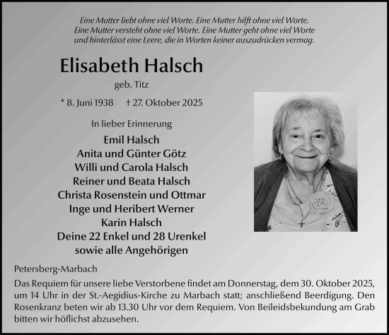 Traueranzeige von Elisabeth Halsch von FZ