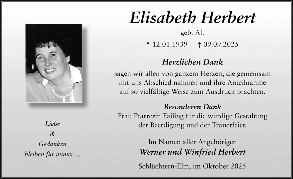  Traueranzeige für Elisabeth Herbert vom 11.10.2025 aus FZ