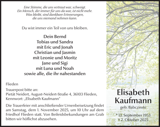 Traueranzeige von Elisabeth Kaufmann von FZ