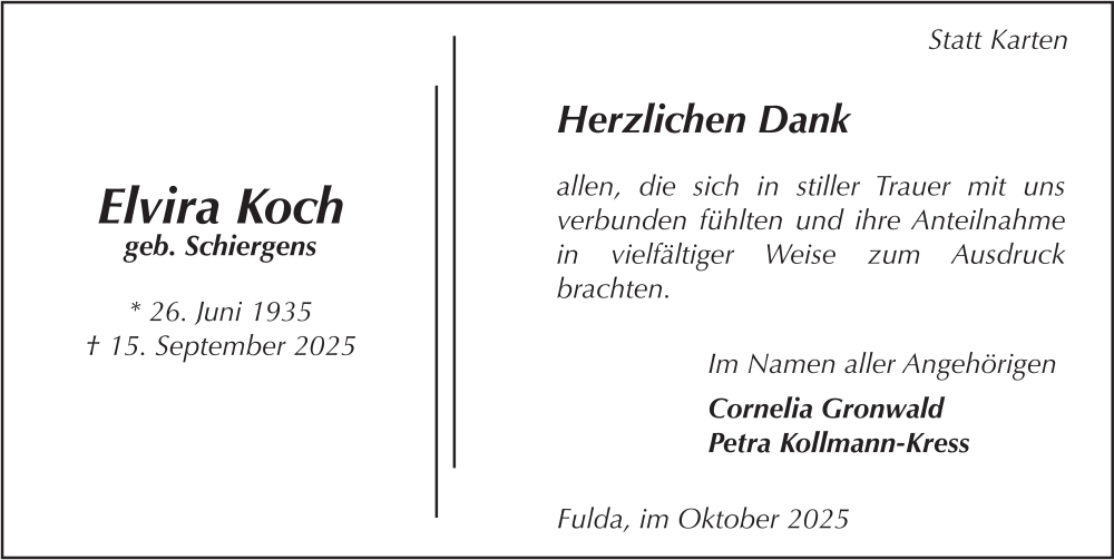 Traueranzeige für Elvira Koch vom 25.10.2025 aus FZ
