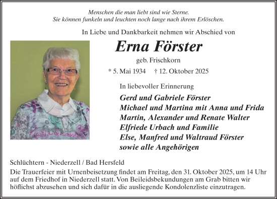 Traueranzeige von Erna Förster von FZ