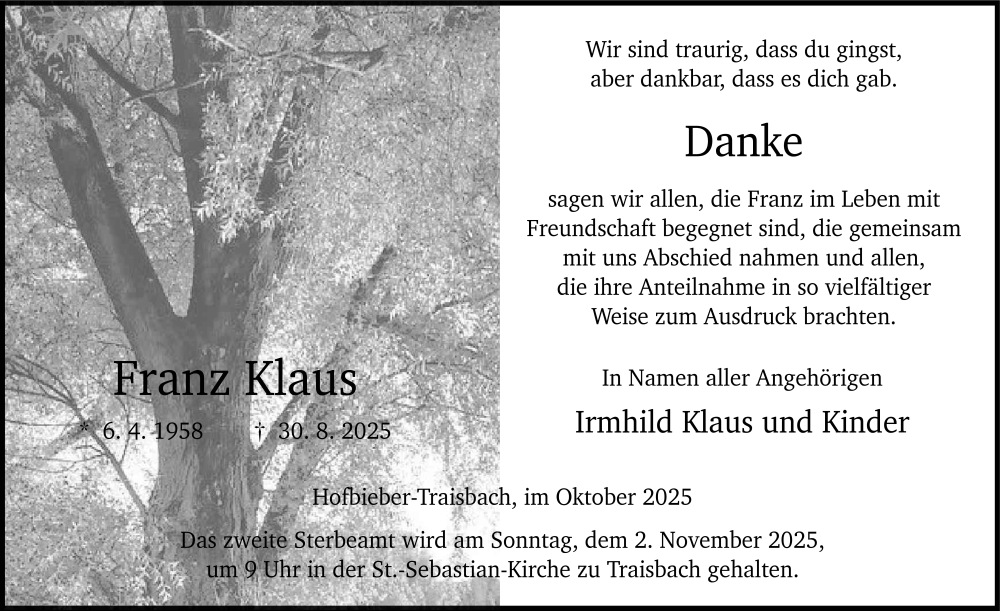  Traueranzeige für Franz Klaus vom 27.10.2025 aus FZ