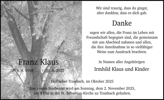 Traueranzeige von Franz Klaus von FZ
