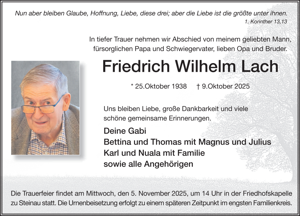  Traueranzeige für Friedrich Wilhelm Lach vom 25.10.2025 aus FZ