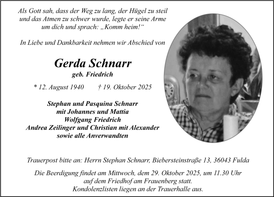Traueranzeige von Gerda Schnarr von FZ