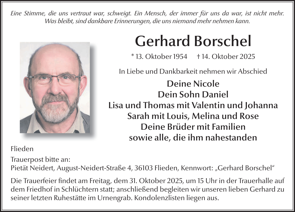 Traueranzeige für Gerhard Borschel vom 28.10.2025 aus FZ