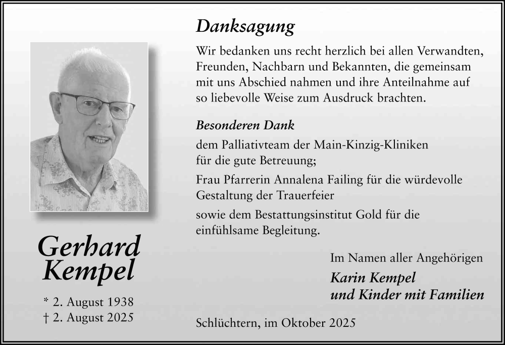  Traueranzeige für Gerhard Kempel vom 04.10.2025 aus FZ