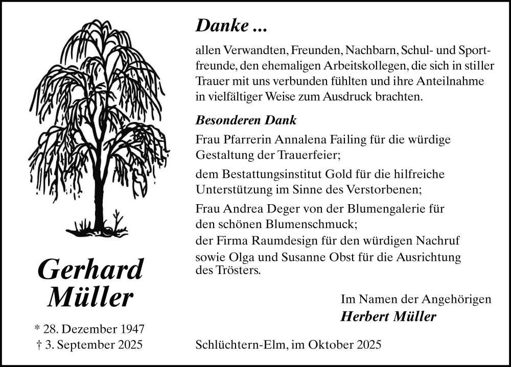  Traueranzeige für Gerhard Müller vom 04.10.2025 aus FZ