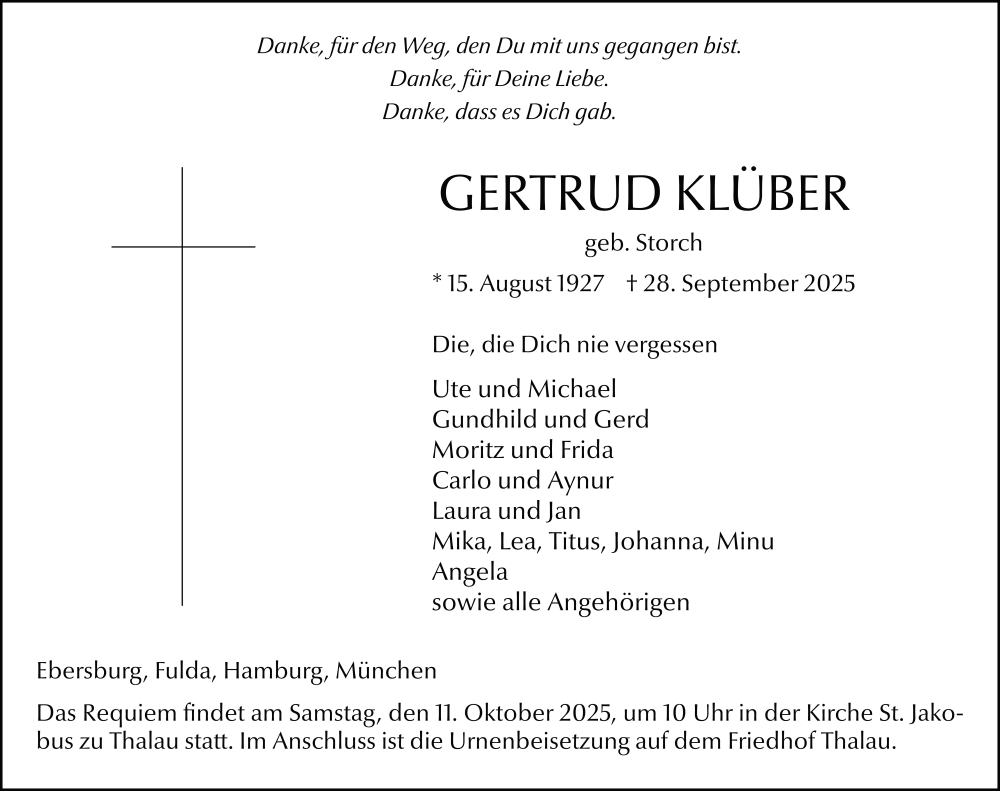  Traueranzeige für Gertrud Klüber vom 04.10.2025 aus FZ