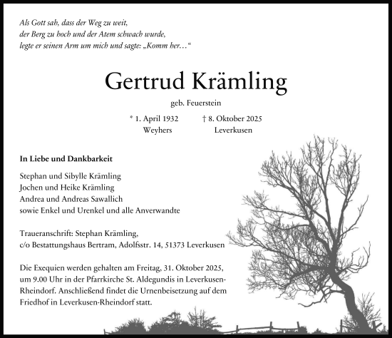 Traueranzeige von Gertrud Krämling von FZ