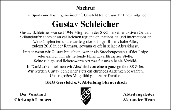 Traueranzeige von Gustav Schleicher von FZ