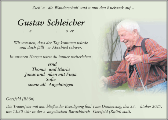 Traueranzeige von Gustav Schleicher von FZ