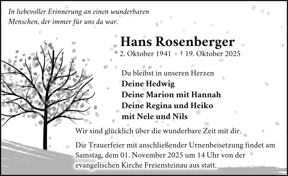  Traueranzeige für Hans Rosenberger vom 28.10.2025 aus FZ