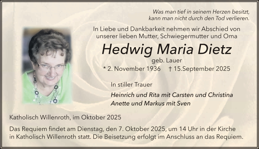  Traueranzeige für Hedwig Dietz vom 04.10.2025 aus FZ