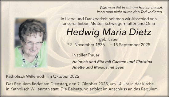 Traueranzeige von Hedwig Dietz von FZ