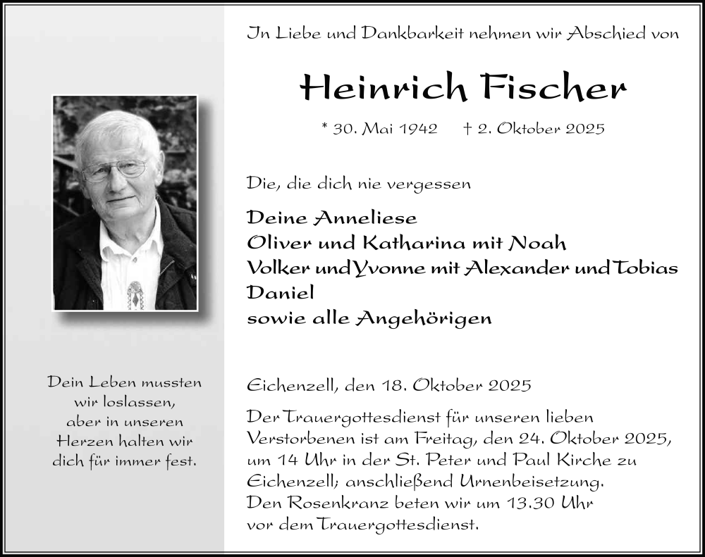 Traueranzeige für Heinrich Fischer vom 18.10.2025 aus FZ