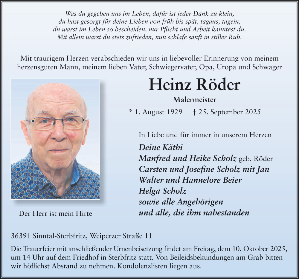  Traueranzeige für Heinz Röder vom 04.10.2025 aus FZ