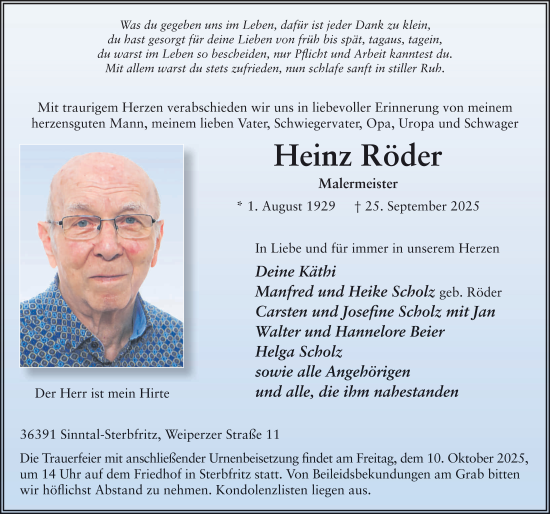Traueranzeige von Heinz Röder von FZ