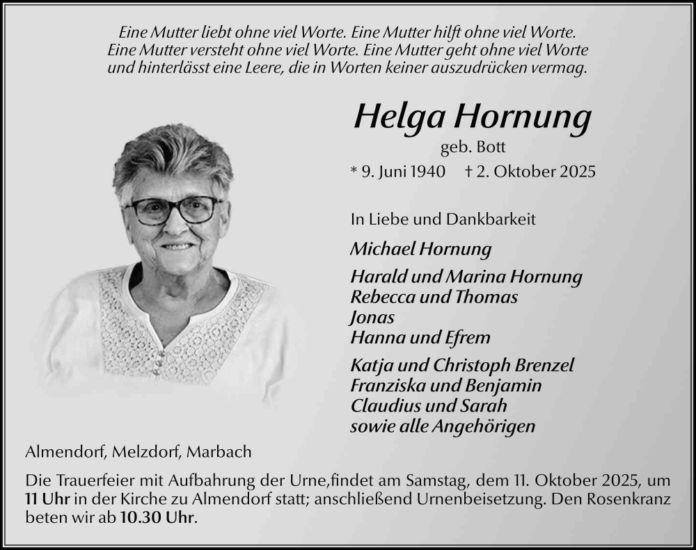  Traueranzeige für Helga Hornung vom 09.10.2025 aus FZ