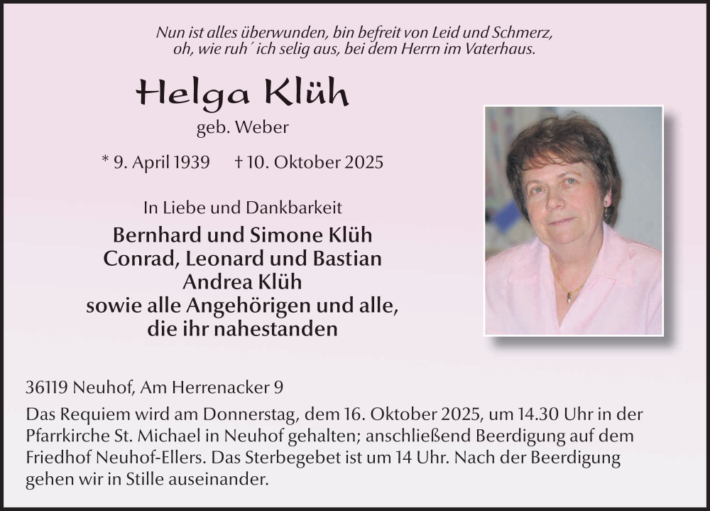  Traueranzeige für Helga Klüh vom 14.10.2025 aus FZ