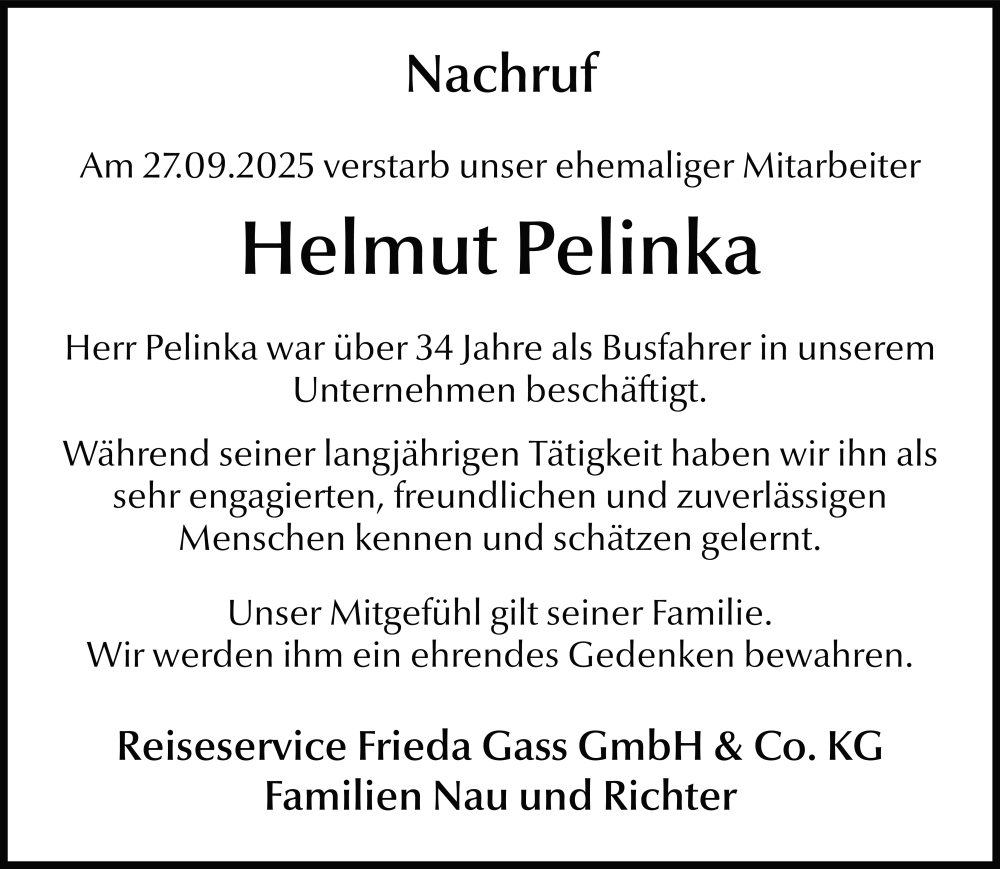  Traueranzeige für Helmut Pelinka vom 10.10.2025 aus FZ